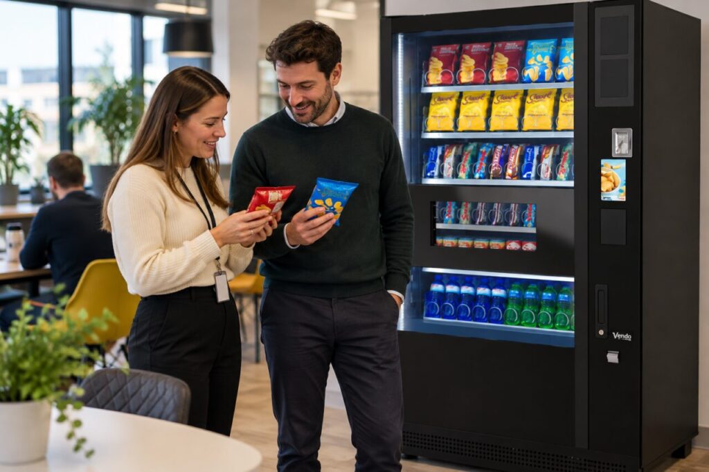 Customer compares similarly named snack variants at the machine