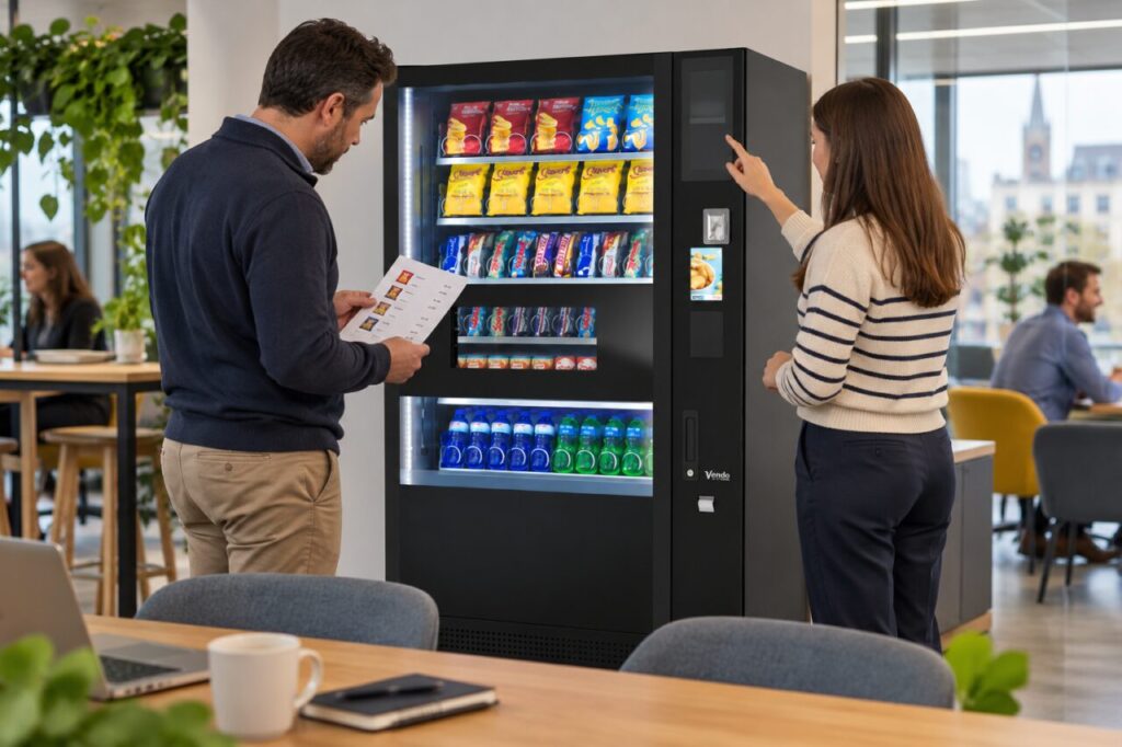 Operator checks a revised price list during a vending purchase