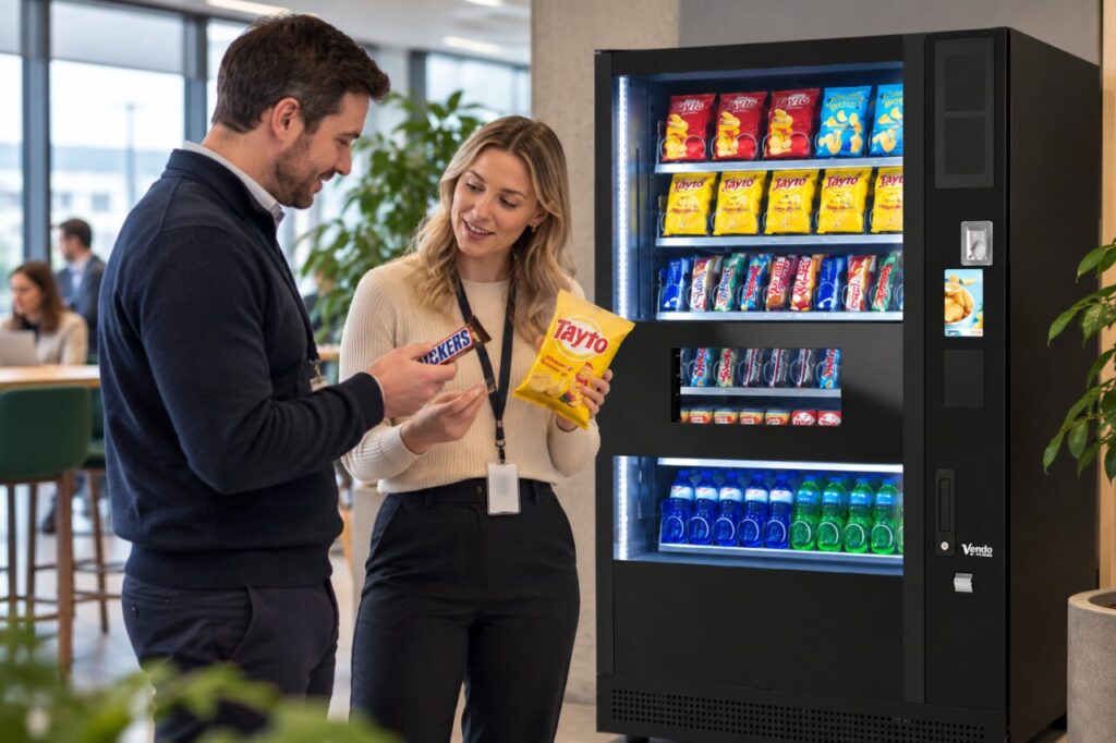 Buyer compares different pack formats at a vending demonstration
