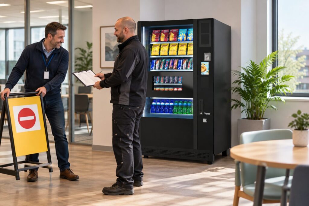 Site host and installer coordinate reopening the vending area