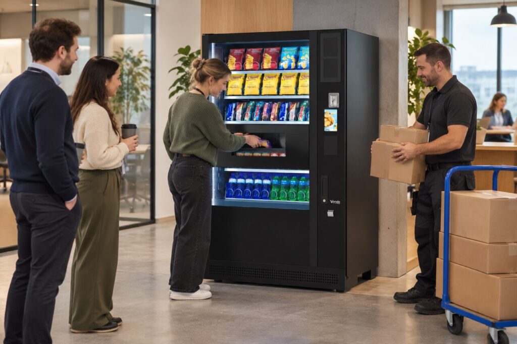 Operator waits with refill stock while customers finish buying