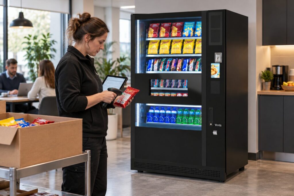 Operator checks a new snack barcode beside the vending machine