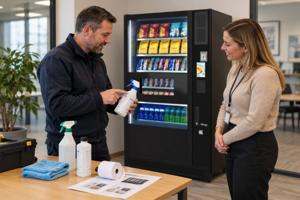 Supplier explains routine supplies for a vending setup