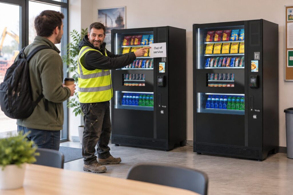 A site worker attaches a small neat Out of service notice beside a SandenVendo vending machine screen while pointing a customer towards a second available reference machine.