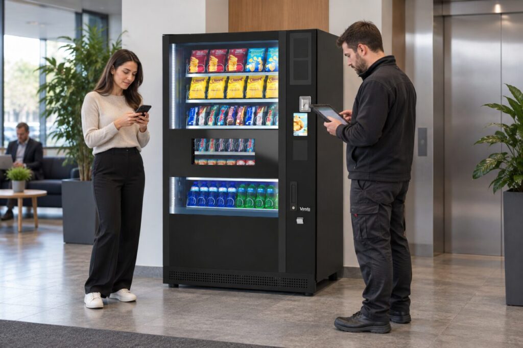 A technician checks a vending-terminal connection on a tablet while a customer uses her phone beside a SandenVendo machine.
