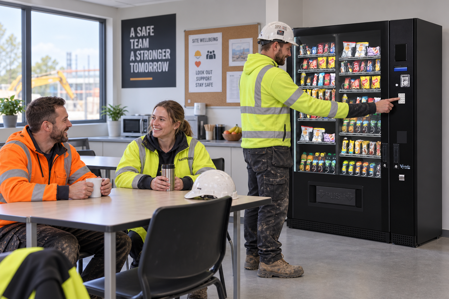 Construction site vending machines serving workers during a canteen break