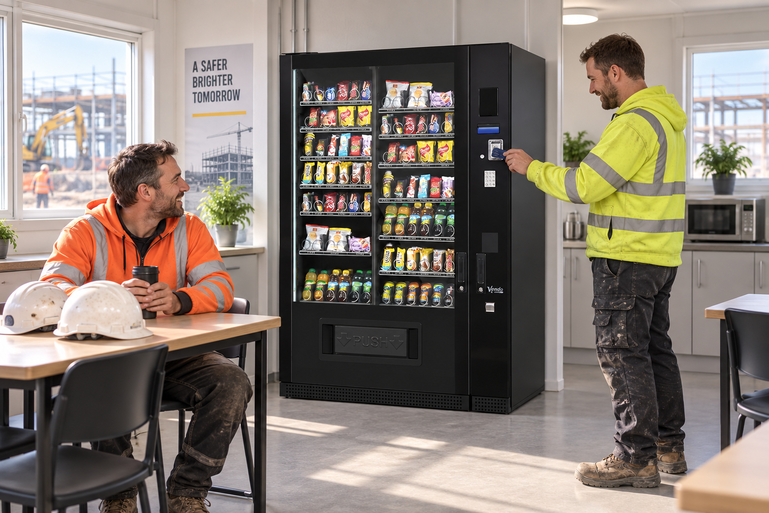 Construction worker purchasing a snack from a SandenVendo G-Snack Standard in a welfare cabin