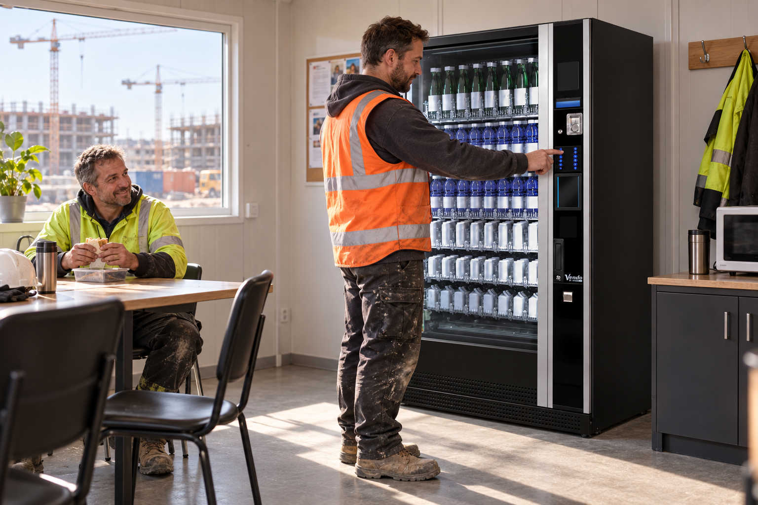Worker choosing bottled water from a SandenVendo G-Drink inside a construction canteen