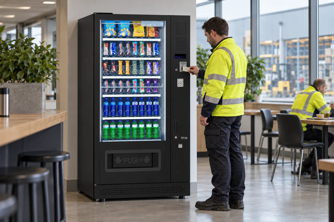 Factory employee beside a G-Snack Standard in a staff canteen