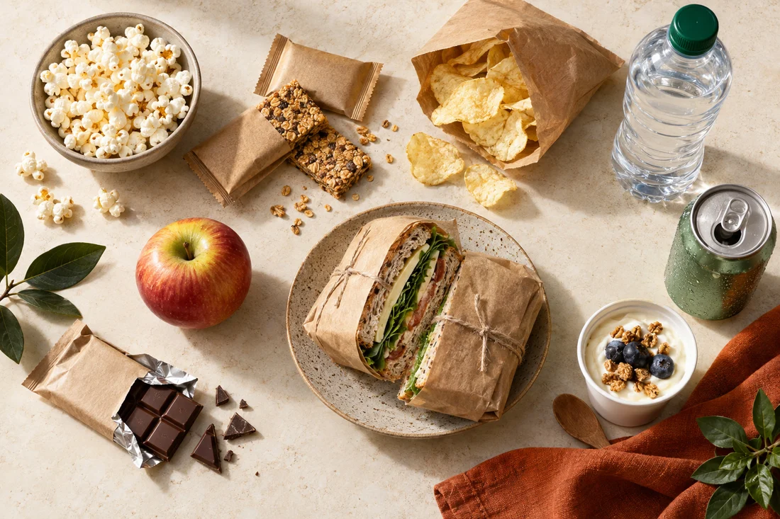 An illustrative selection of snacks, water, fruit and packaged food
