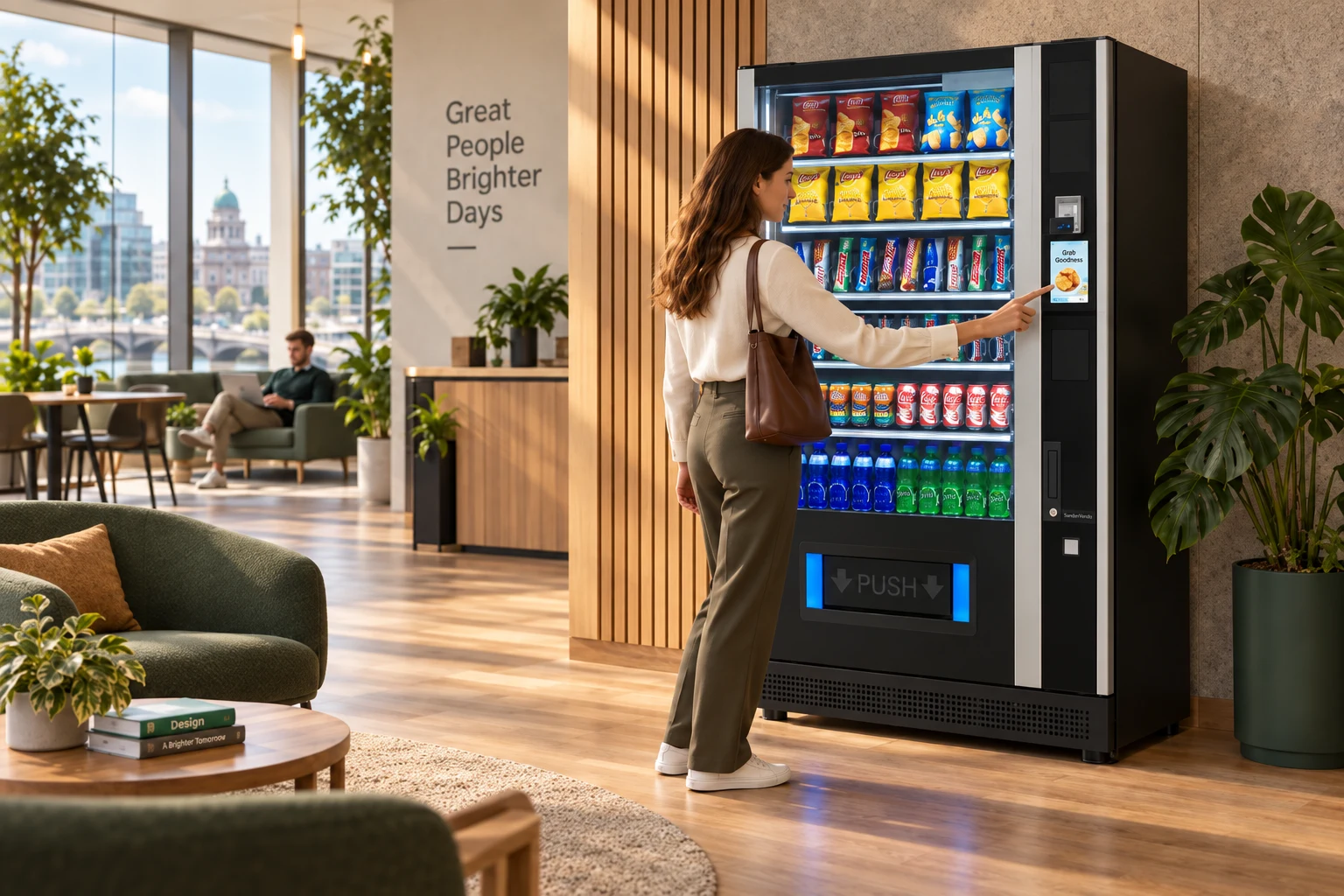 A customer beside a SandenVendo G-Snack Touch in a contemporary workplace