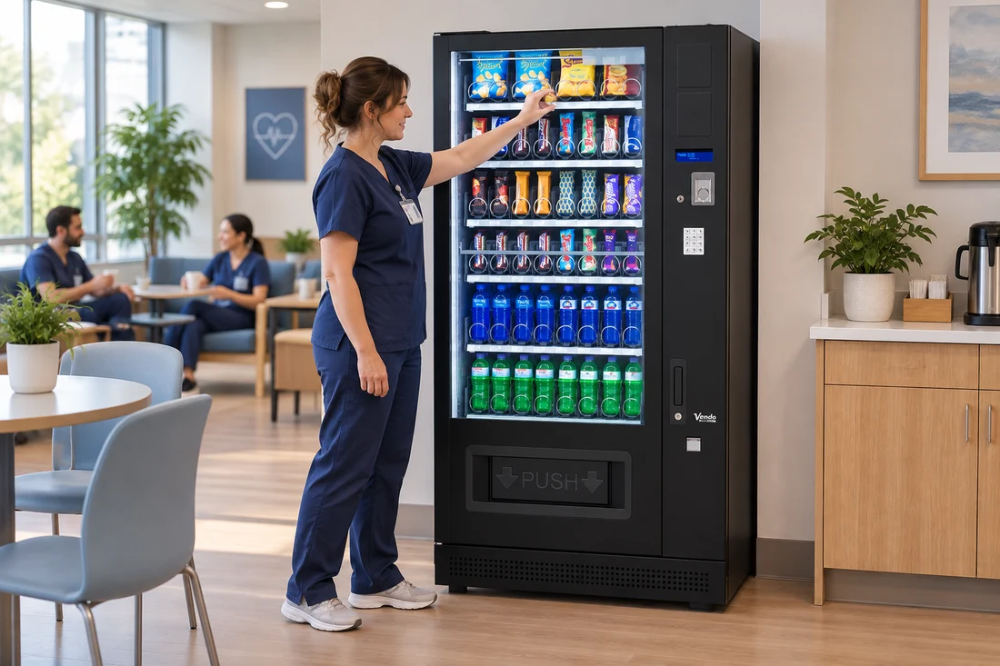Nurse using a G-Snack machine in a hospital staff area