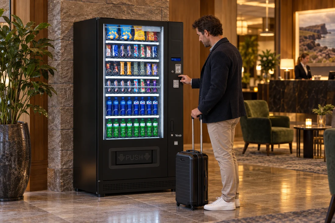 Hotel guest choosing refreshments from a G-Snack machine