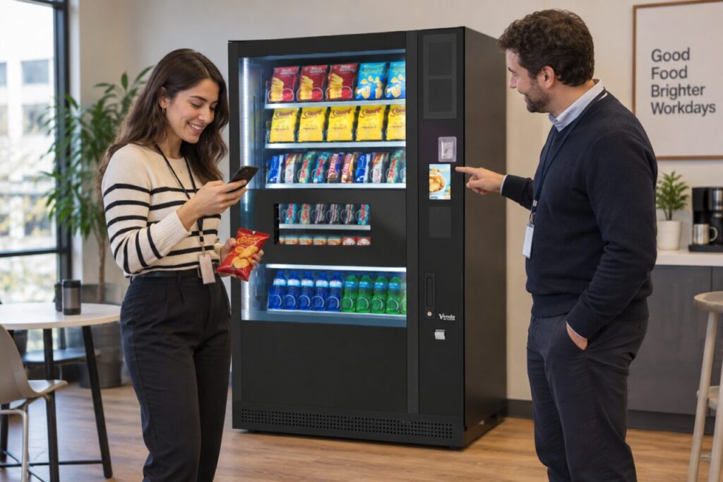Customer checking a phone transaction after buying a snack beside a SandenVendo machine