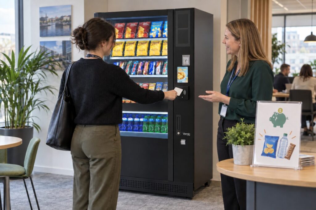 An employee tests a staff payment card at a SandenVendo vending machine.