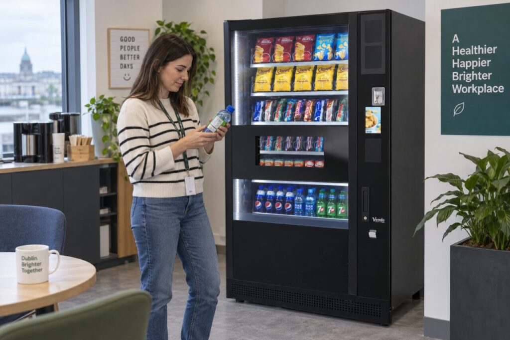 A customer reads a bottled drink label beside a SandenVendo vending machine.