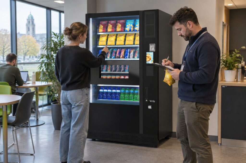 An employee completes a feedback form beside a SandenVendo vending machine.