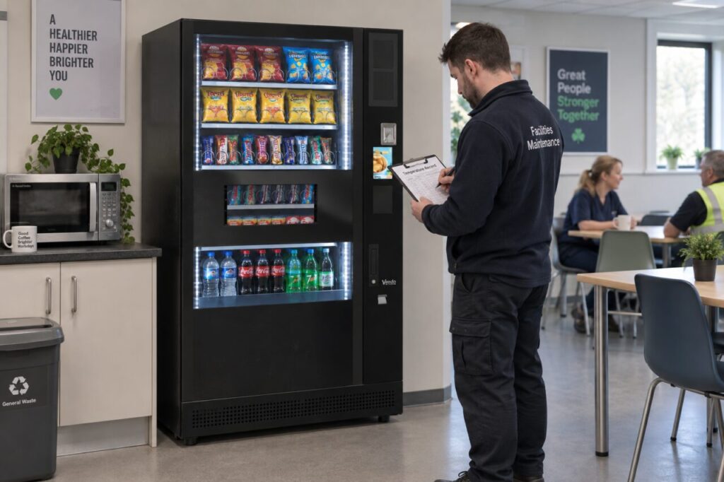 A service worker checks a SandenVendo machine display while recording a reading on a clipboard.