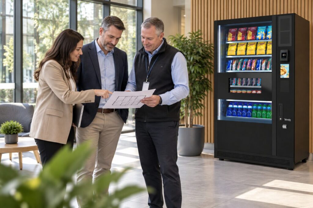 Two tenant representatives and a building manager discuss a small floor plan beside a SandenVendo vending machine in a shared office lobby.