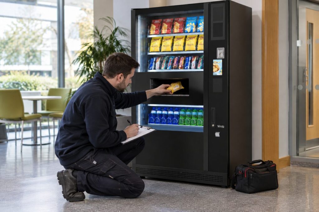 A technician records a test snack collected from a SandenVendo machine.