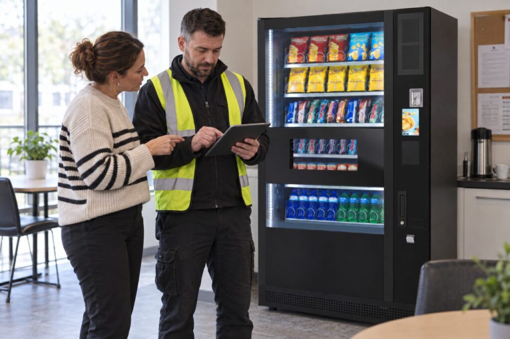 A site coordinator reviews a customer fault report beside a SandenVendo machine.