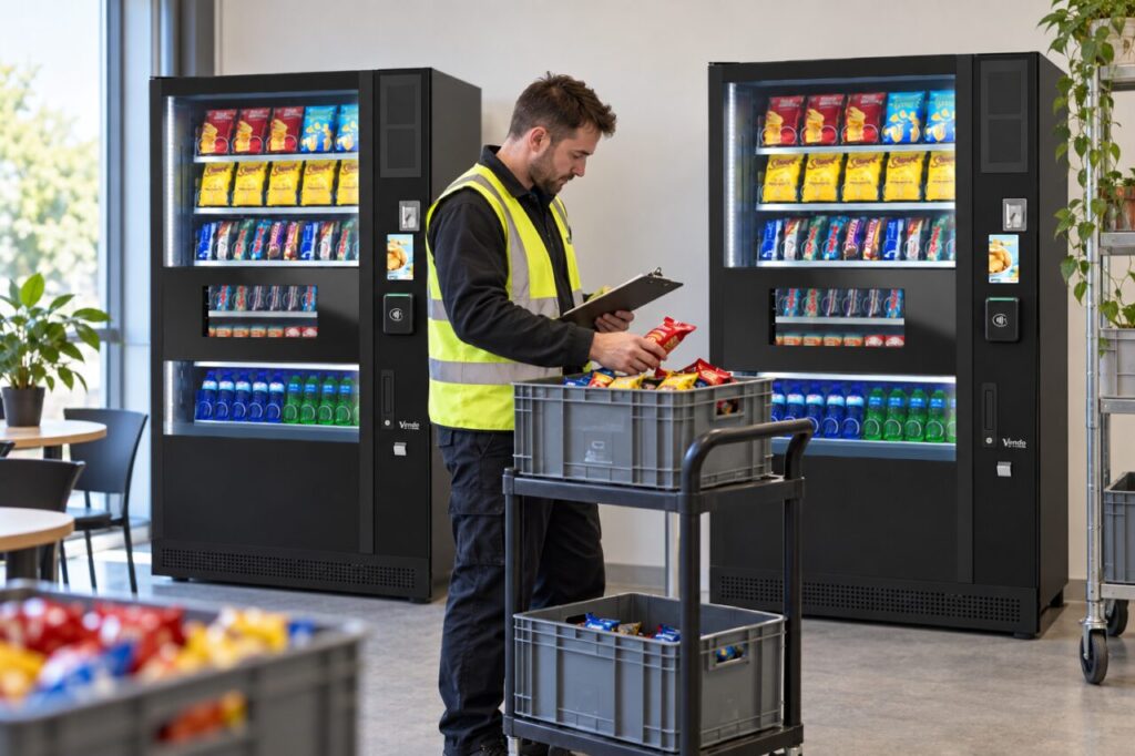A refill worker counts snack packs in a crate between two identical reference machines in a workplace vending area