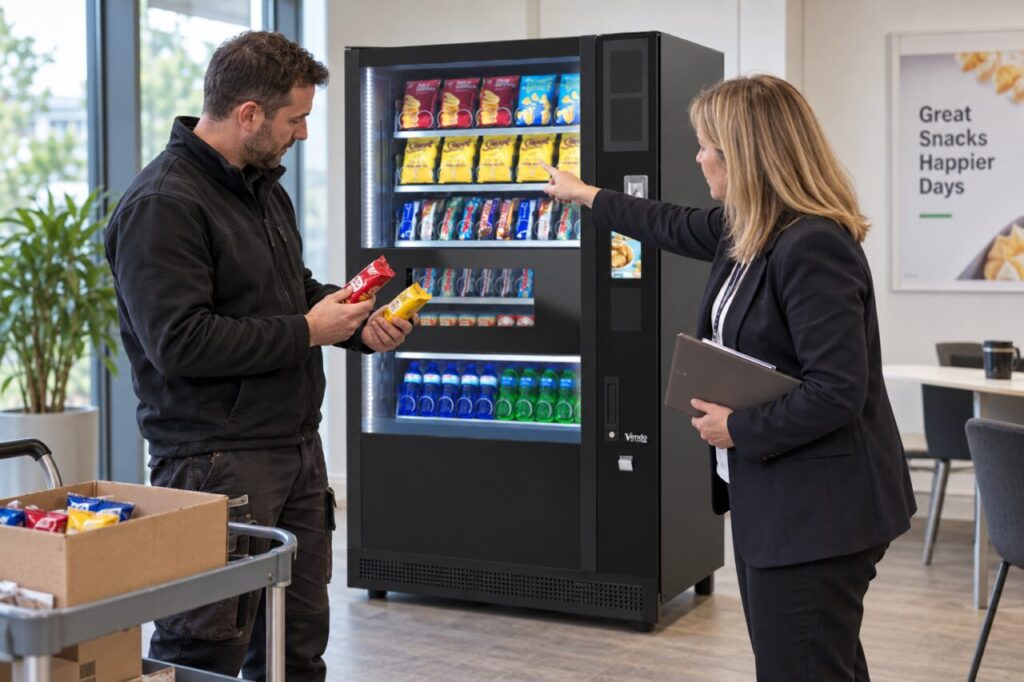 Operator and supervisor comparing snack choices beside a vending machine
