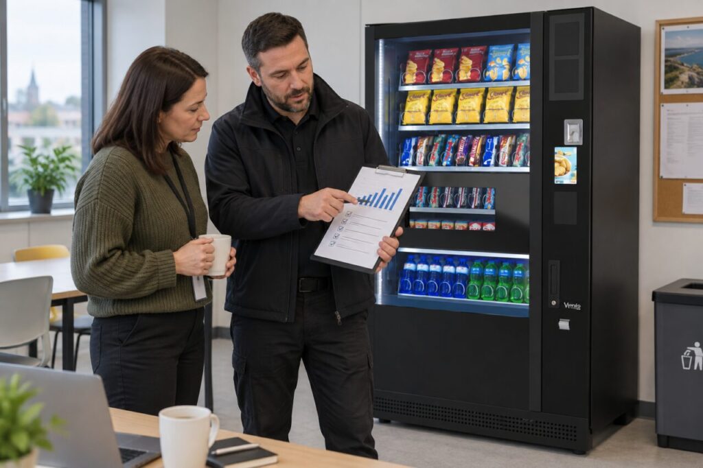 A manager and operator review a vending trial beside a SandenVendo machine.
