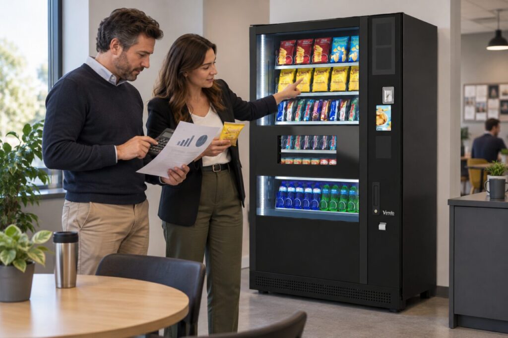 Colleagues comparing a sales worksheet and snack selection beside a SandenVendo machine