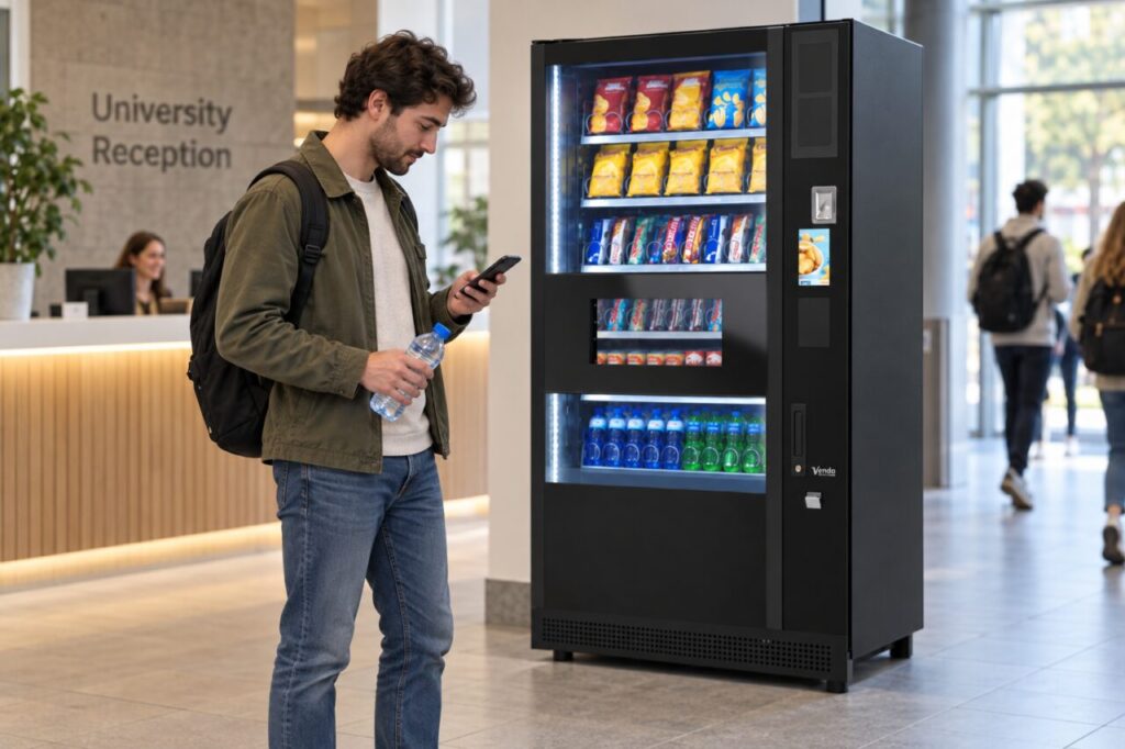 A customer checks his phone beside a SandenVendo vending machine after buying a drink.