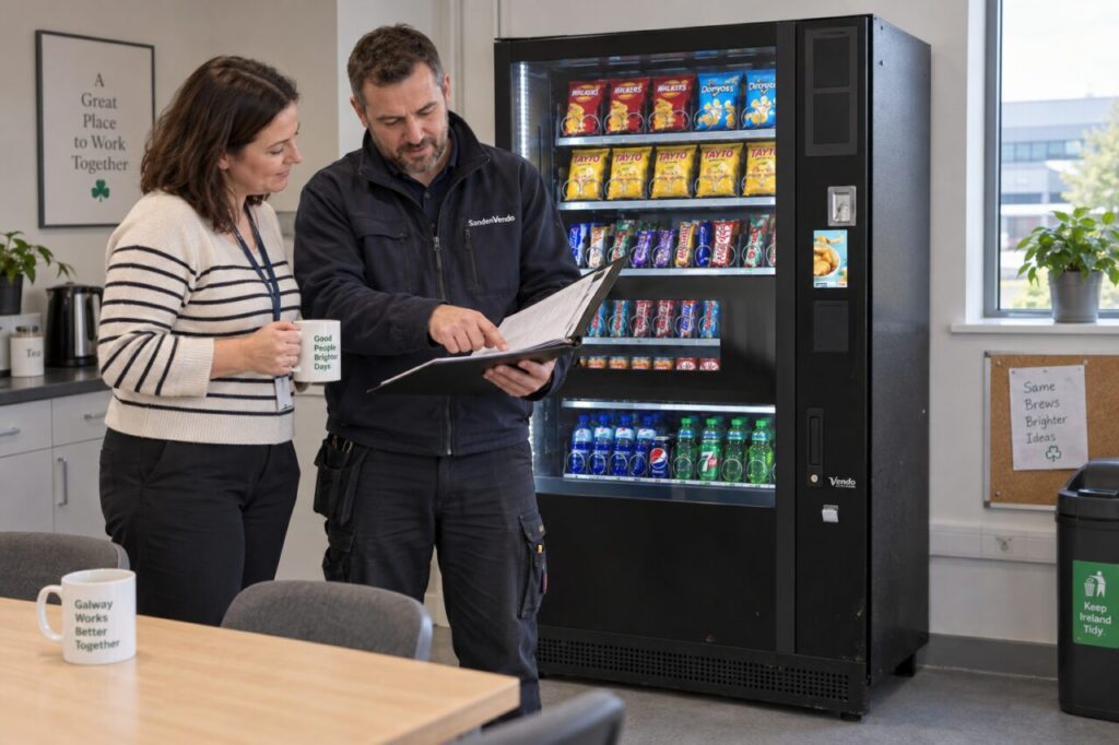 A technician and business owner review service paperwork beside a SandenVendo vending machine.