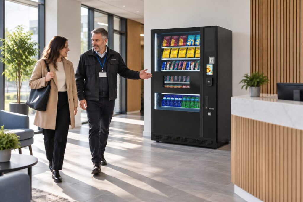 A site manager accompanies a visitor along an open weekend corridor towards a SandenVendo vending machine