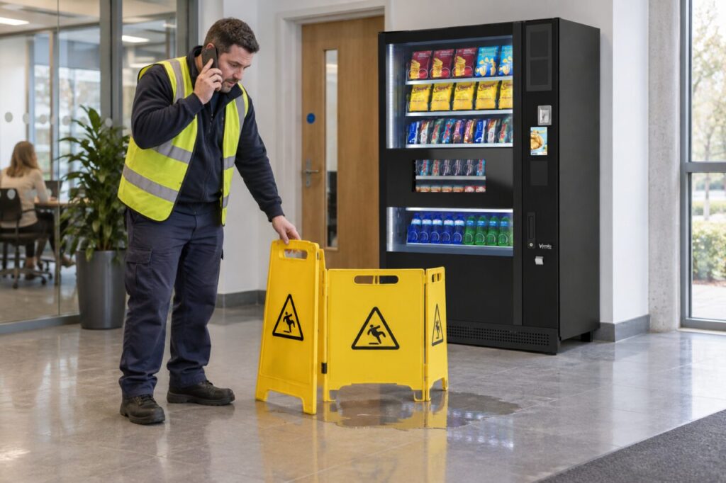 A worker barriers off a wet floor beside a SandenVendo vending machine.