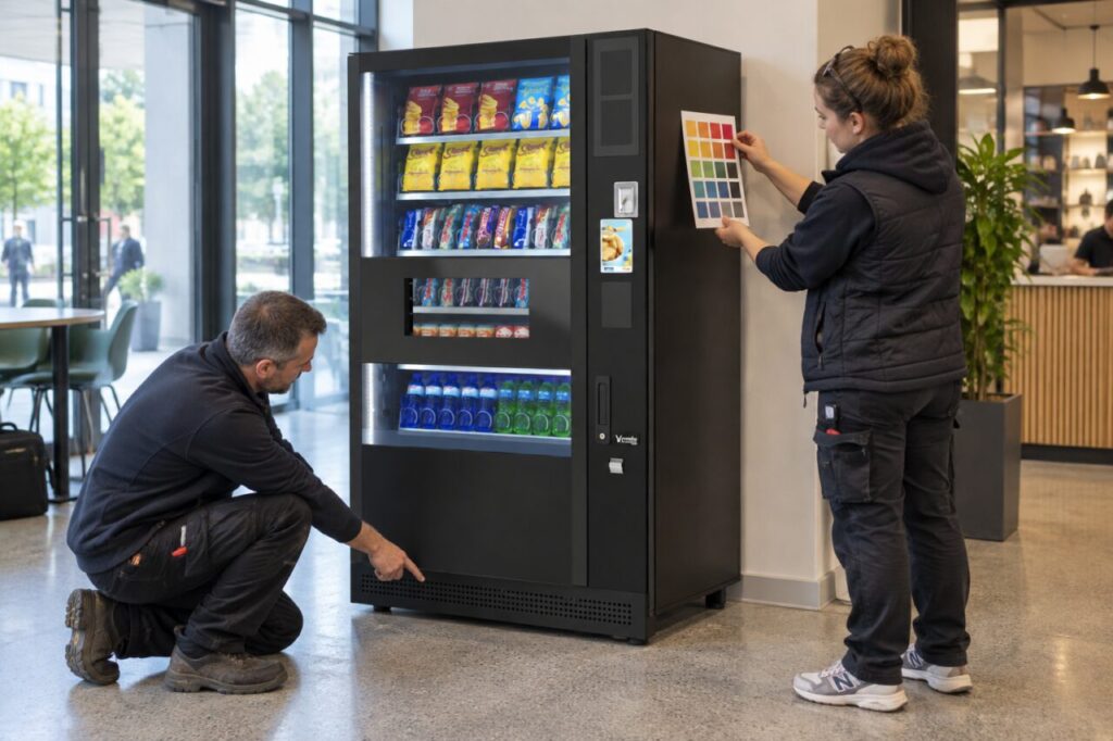 An installer and technician compare artwork swatches beside a SandenVendo machine and its lower grille.