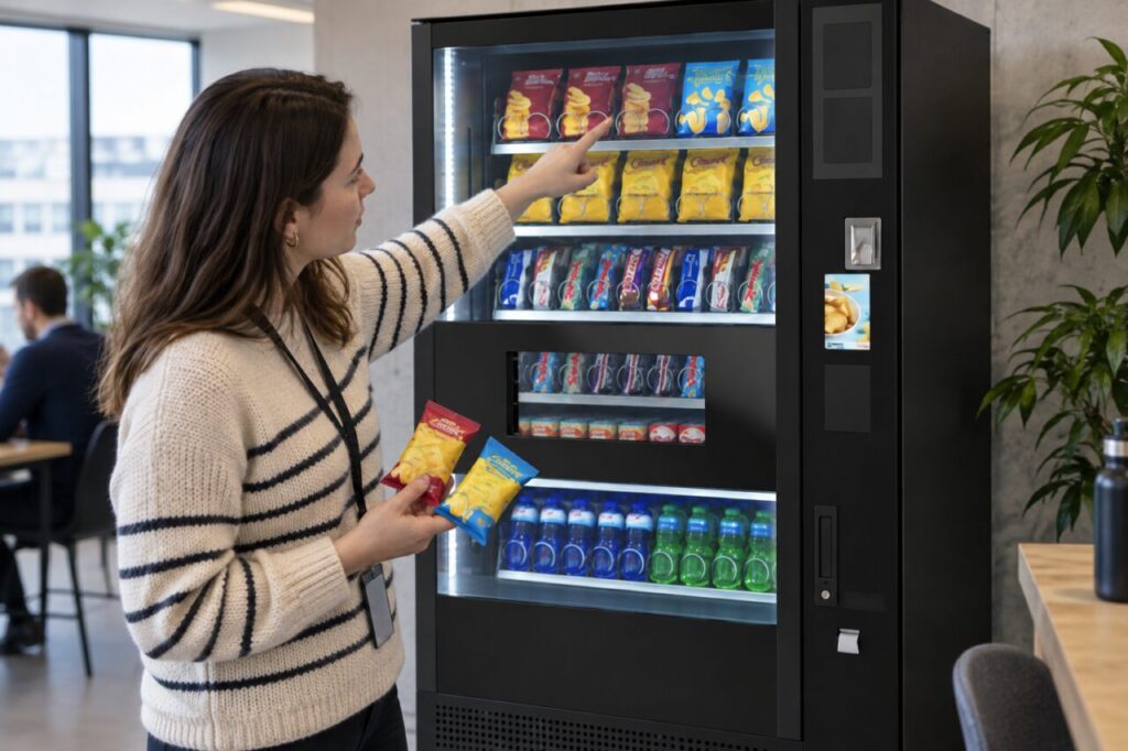 A worker compares similar snack wrappers beside a SandenVendo machine.