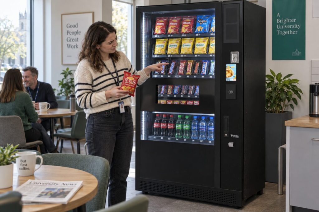 A customer holds a packet of crisps and points towards wrapped bars in a SandenVendo vending machine.