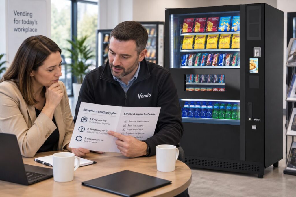 Buyer and supplier discuss temporary repair cover beside a SandenVendo machine