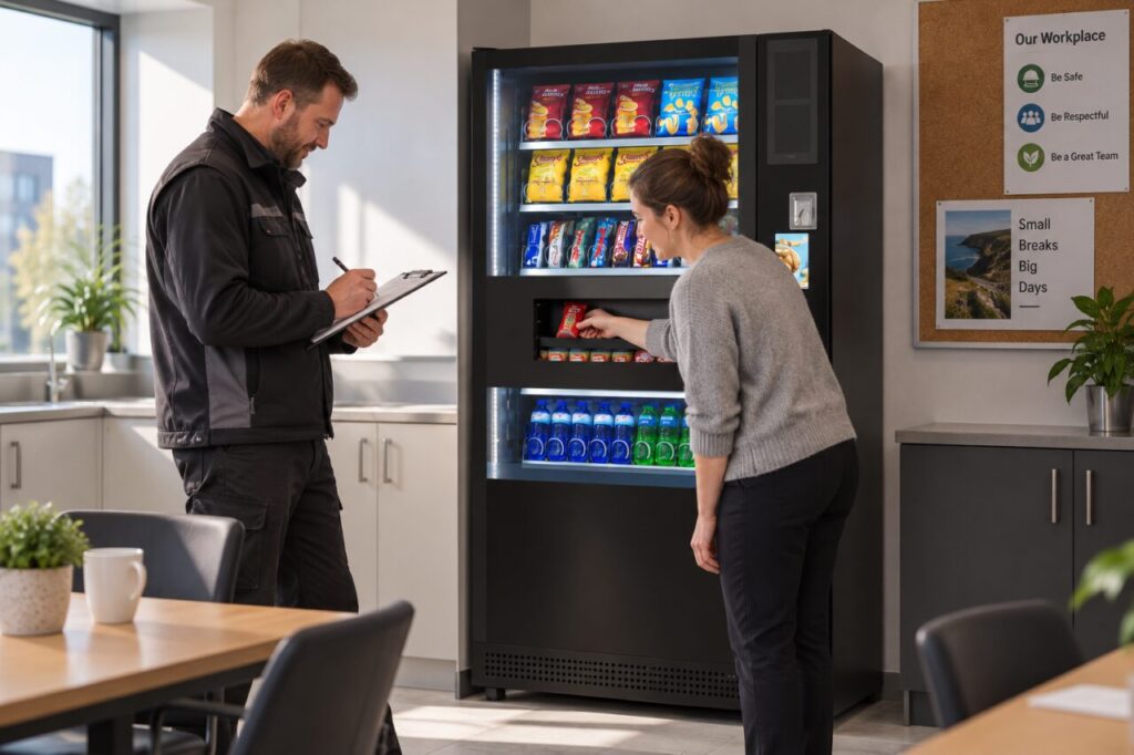 Operator records a test purchase beside the vending machine