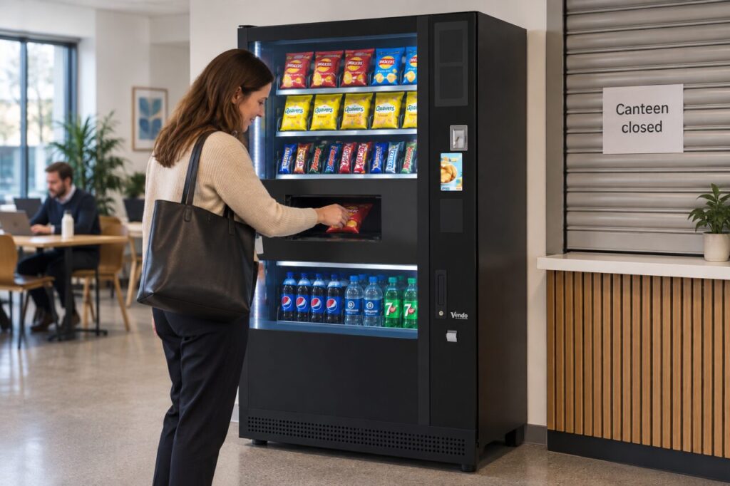 Customer collects a snack beside a closed workplace canteen