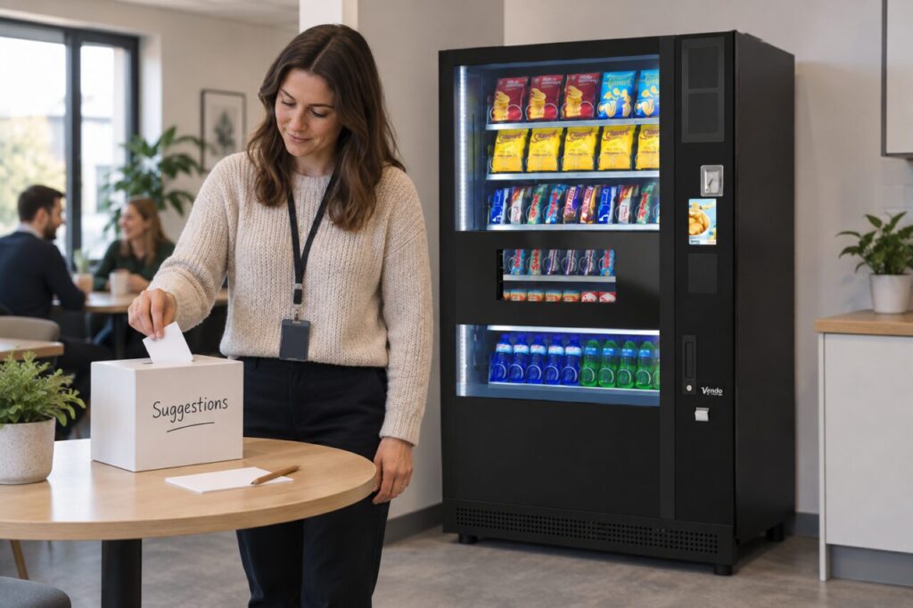 Office worker places anonymous vending feedback in a suggestion box