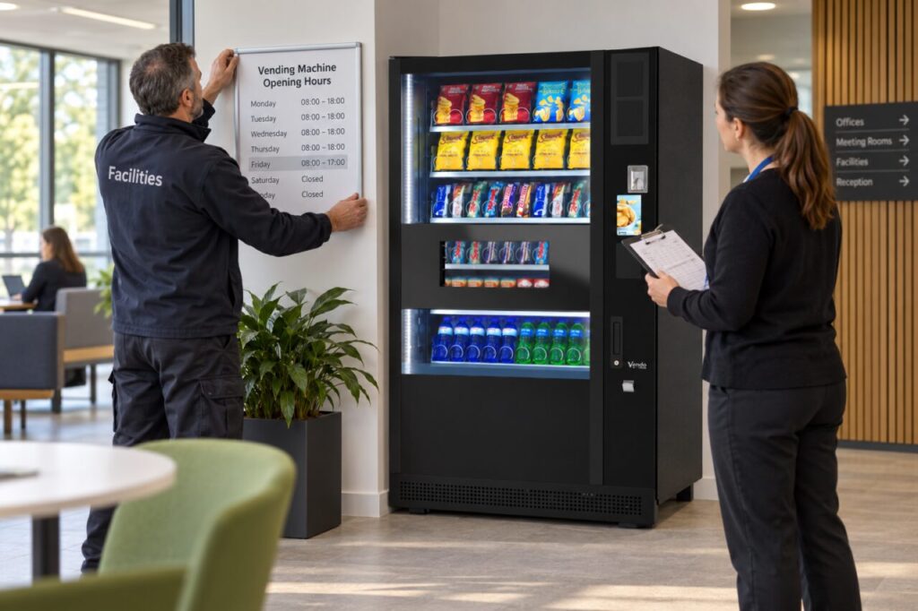 Facilities staff review reduced opening hours beside a vending machine