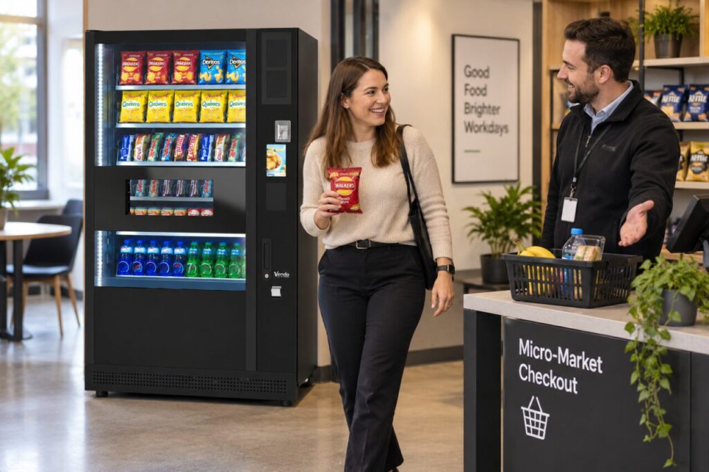 Host explains a separate micro-market checkout beside a vending machine