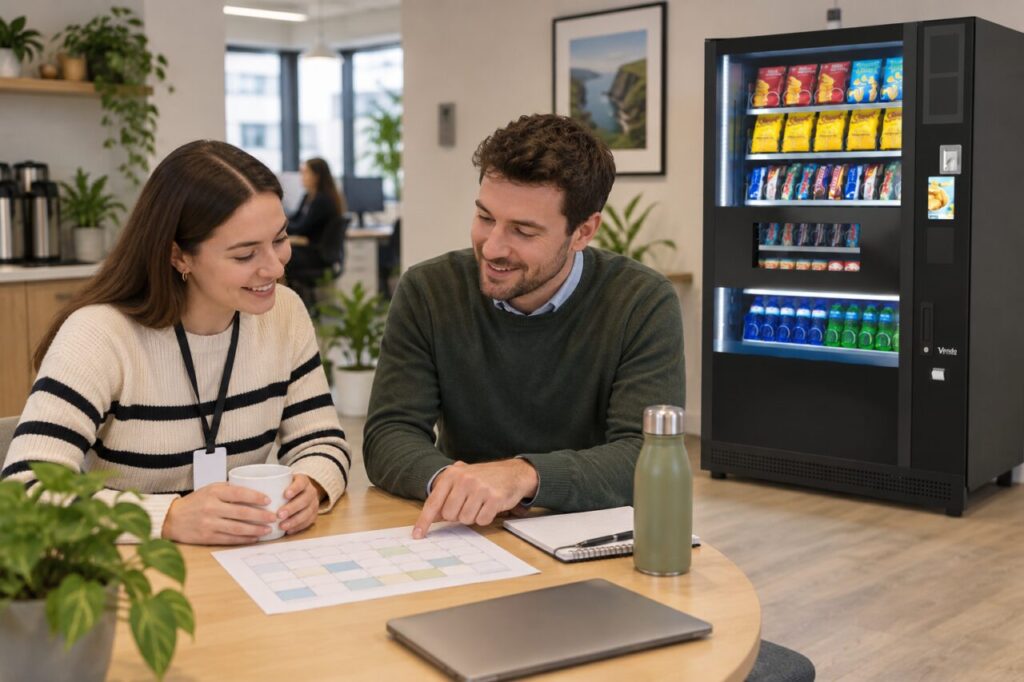 New colleague reviews a staff vending allowance calendar beside the machine