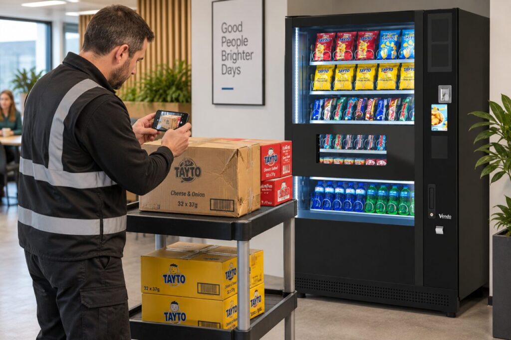 Operator photographs a damaged stock carton beside a vending machine