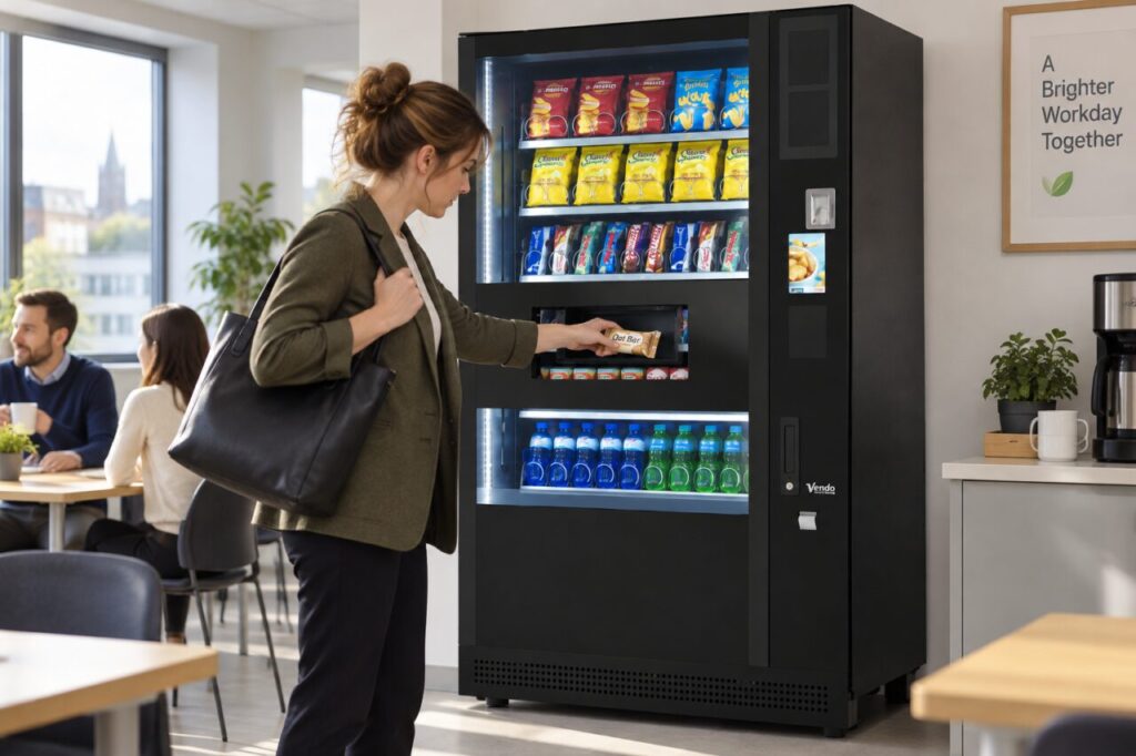 Customer collects an oat bar from a vending machine on the way into work