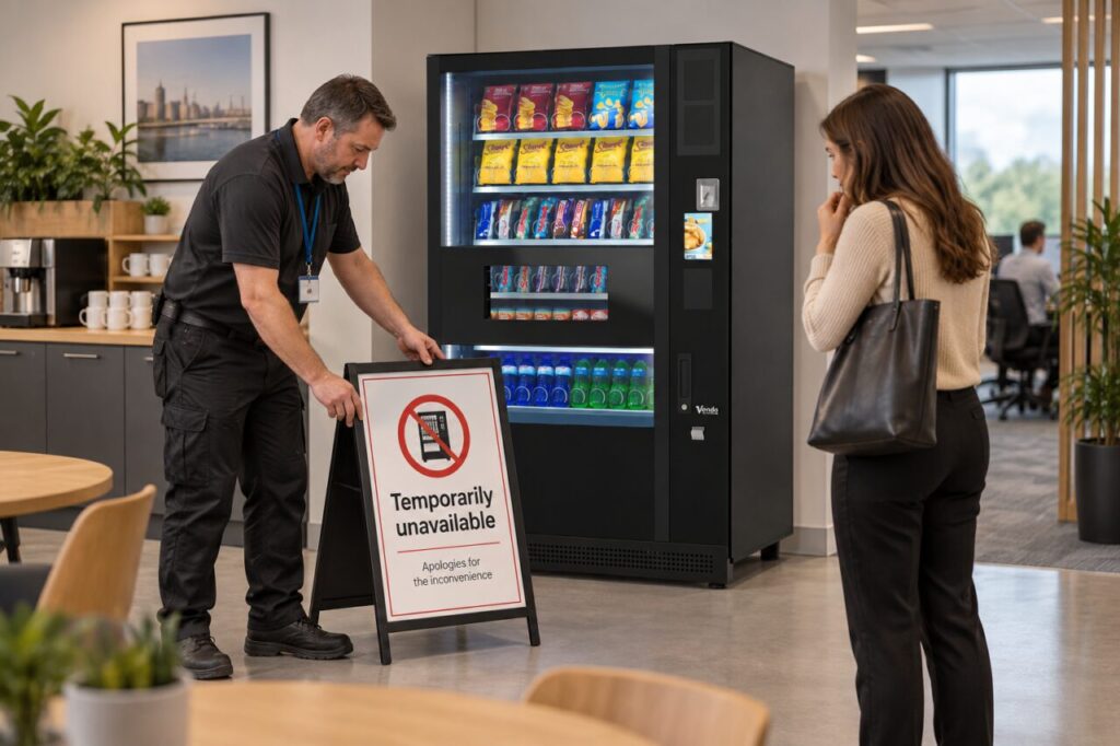 Worker places an unavailable notice beside an illuminated vending machine