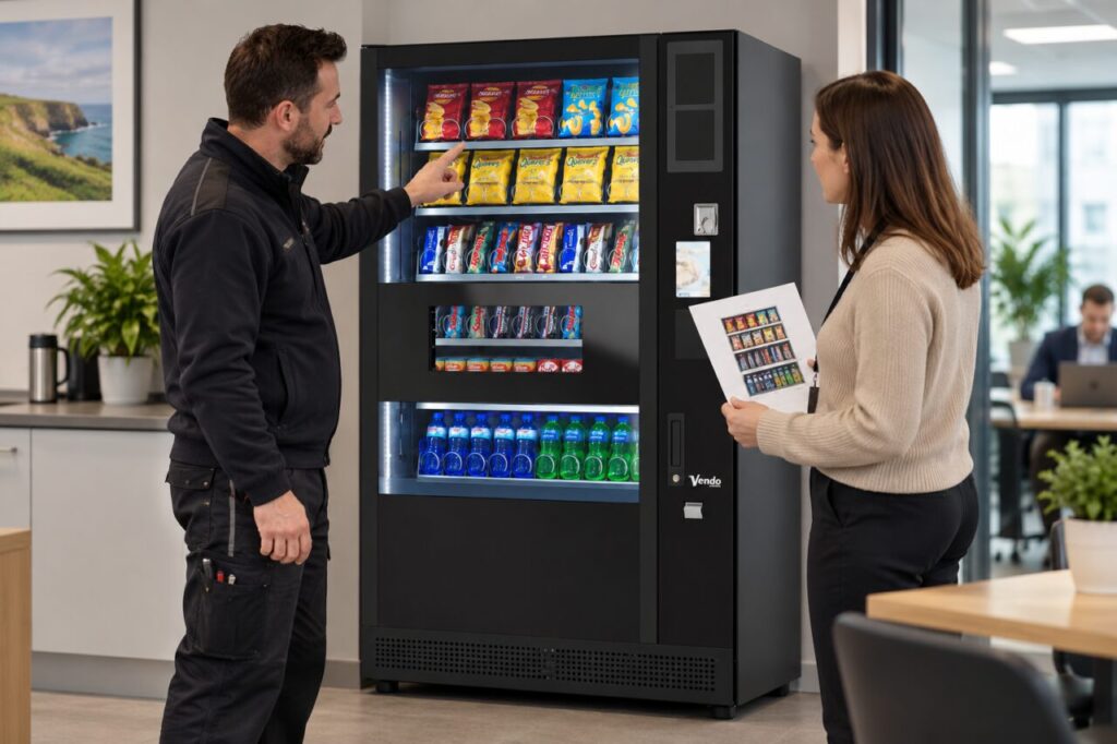 Technician explains vending shelf configuration using a diagram beside the machine