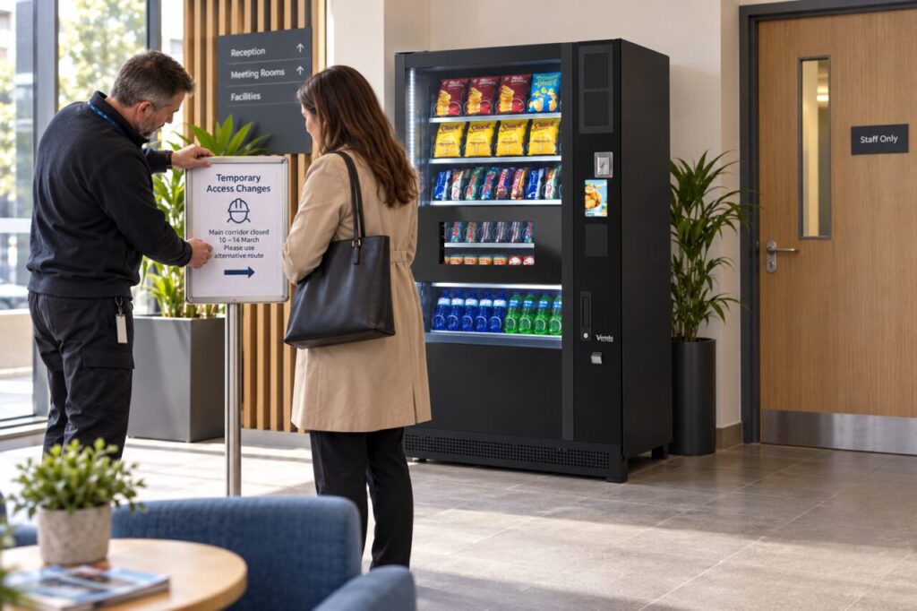 Facilities host explains a temporary access notice beside a vending machine