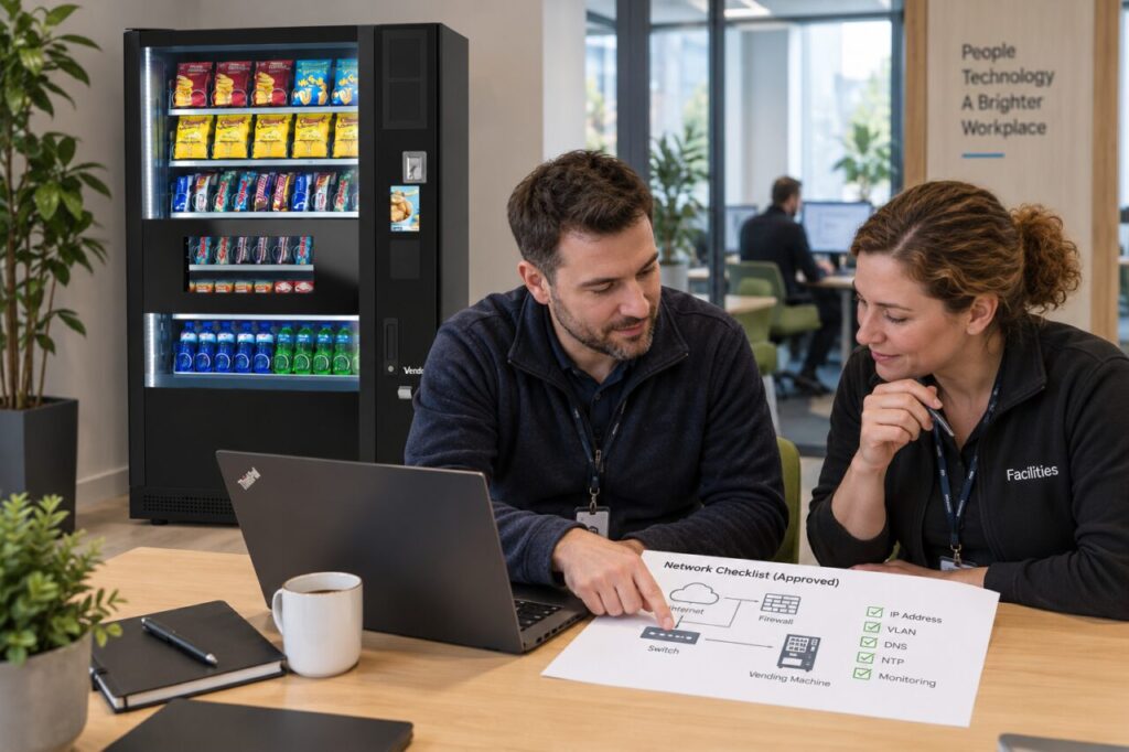 IT colleague reviews connection requirements beside a vending machine