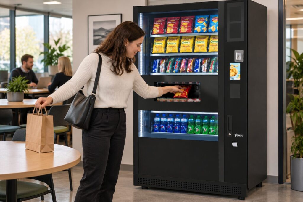 Customer places a bag on a nearby table while collecting a vending purchase